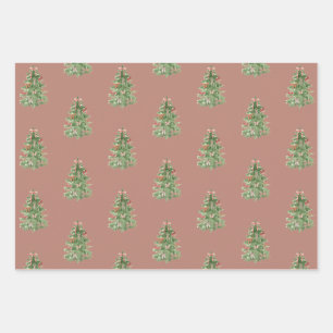 Rosa Grüne Weihnachtsbaumen Bow Geschenkpapier Set