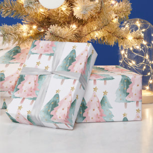 Rosa Grüne Weihnachtsbaumen Gold Stars Geschenkpapier