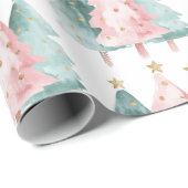 Rosa Grüne Weihnachtsbaumen Gold Stars Geschenkpapier (Rolleneckpunkt)