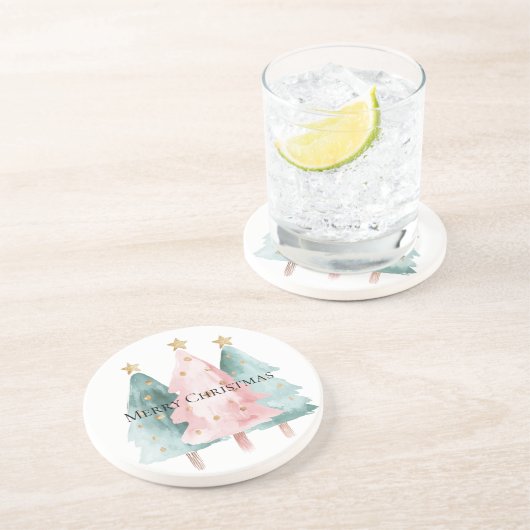 Rosa Grüne Weihnachtsbaumen Gold Stars Getränkeuntersetzer (Seite)