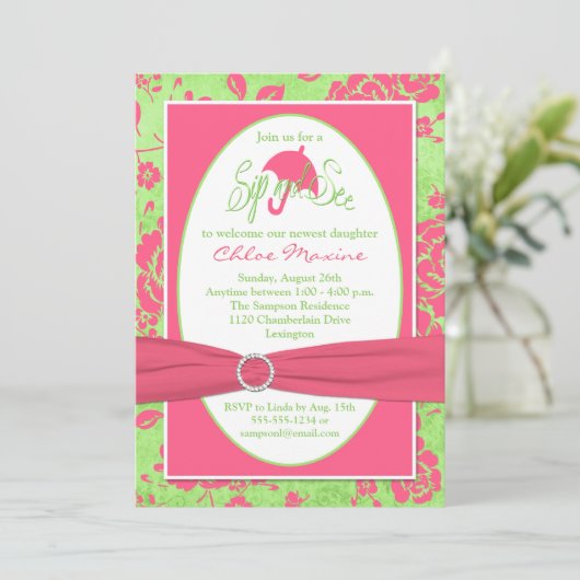 Rosa grüne weiße Blumensippe und Einladung (Stehend Vorderseite)