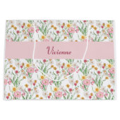 Rosa grüne Wildblumen-Wasserfarbe-Monogramm-Name Große Geschenktüte (Vorderseite)