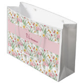 Rosa grüne Wildblumen-Wasserfarbe-Monogramm-Name Große Geschenktüte (Vorderseite Schrägansicht)