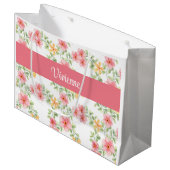 Rosa grüne Wildblumen-Wasserfarbe-Monogramm-Name Große Geschenktüte (Vorderseite Schrägansicht)