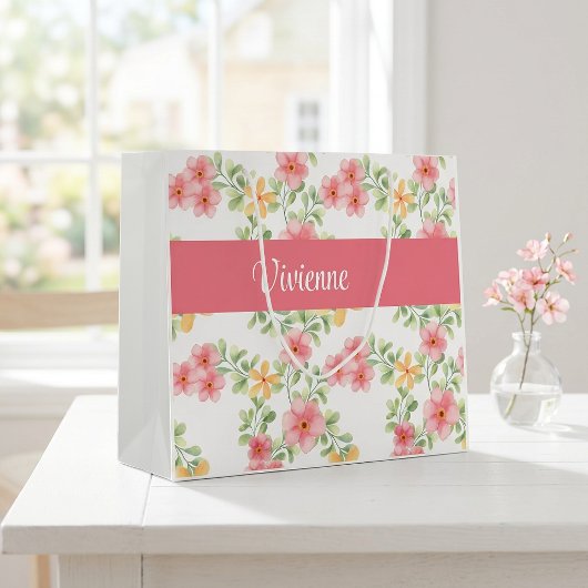 Rosa grüne Wildblumen-Wasserfarbe-Monogramm-Name Große Geschenktüte