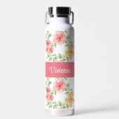 Rosa grüne Wildblumen-Wasserfarbe-Monogramm-Name Trinkflasche (Vorne)