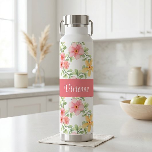 Rosa grüne Wildblumen-Wasserfarbe-Monogramm-Name Trinkflasche
