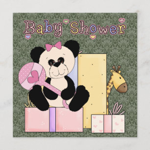 Rosa grüner Damast-Teddybär-Baby-Mädchen-Party Einladung