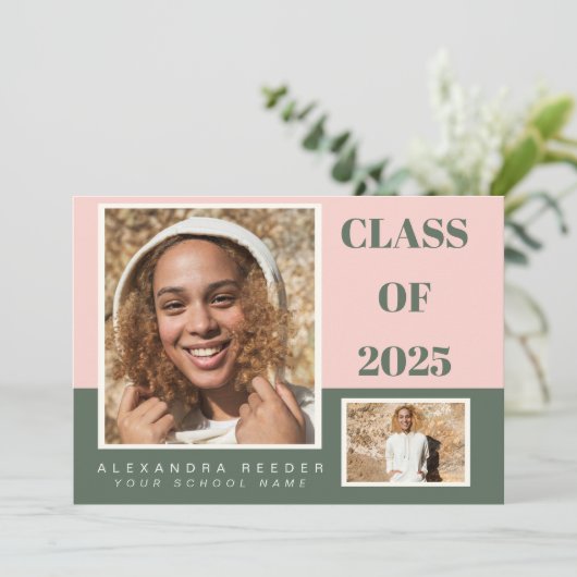 Rosa grüner Farbblock 2 Foto 2022 Abschluss Ankündigung (Stehend Vorderseite)