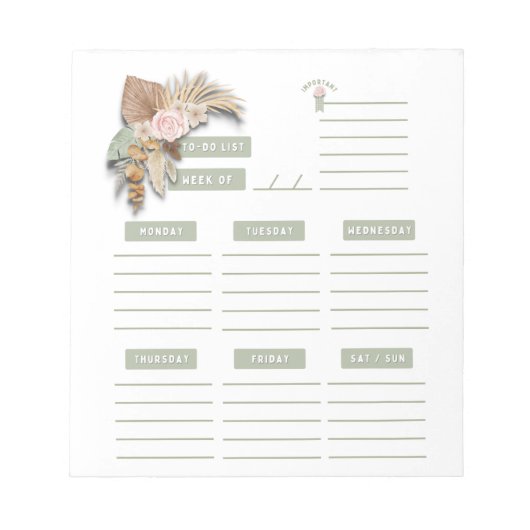Rosa grüner Floral Boho Weekly Planer Organisator Notizblock (Vorderseite)