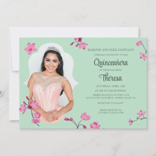 Rosa, grüner Kirschblossom Quinceanera-Foto Einladung (Vorderseite)