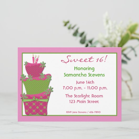 Rosa grüner Kuchen Einladung (Stehend Vorderseite)