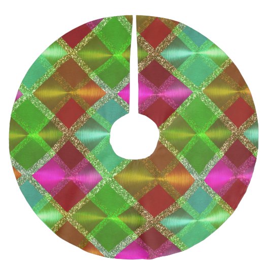 Rosa grüner Orange Glitzer Kariertes Design Polyester Weihnachtsbaumdecke (Vorderseite)