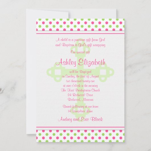 Rosa grüner Polka Dot Taufe Einladung (Rückseite)