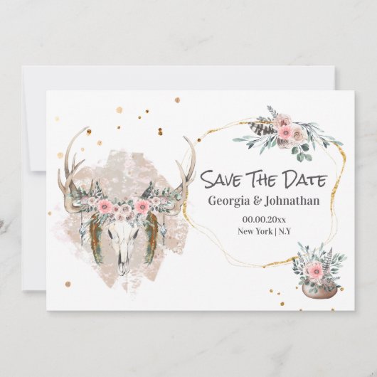 Rosa-grüner Stechantler Rose boho chic Save The Date (Vorderseite)
