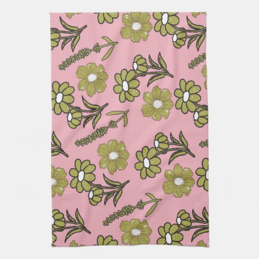 Rosa Grüner tropischer Blumensommer Botanischer Fr Geschirrtuch (Vertikal)