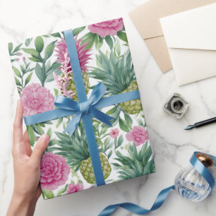 Rosa grünes Aquarell Blumenmuster Ananas Design Geschenkpapier