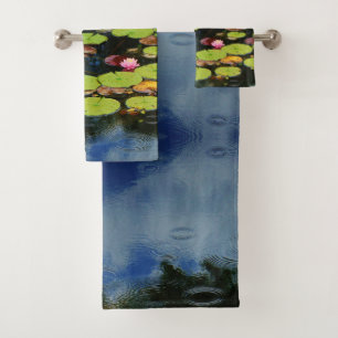 Rosa grünes blaues Foto Blume in Regen Badhandtuch Set