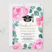 Rosa grünes, blumenfarbenes Foto Abschluss Einladung (Vorderseite)