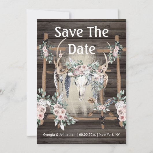 Rosa grünes Boho-Ameisenholz Save The Date (Vorderseite)