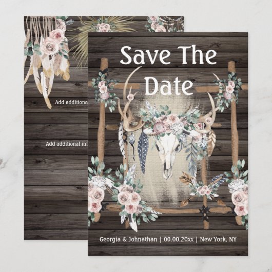 Rosa grünes Boho-Ameisenholz Save The Date (Vorne/Hinten)