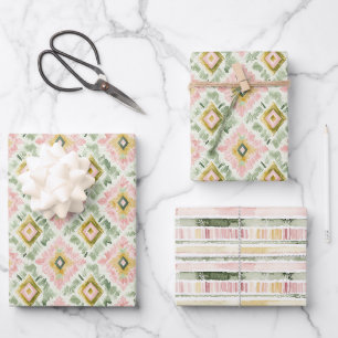Rosa grünes Diamantmuster Streifen Geburtstag Geschenkpapier Set