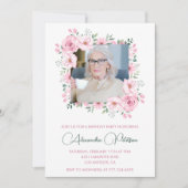 Rosa grünes Foto Blumenrahmen 97. Geburtstag Einladung (Vorderseite)