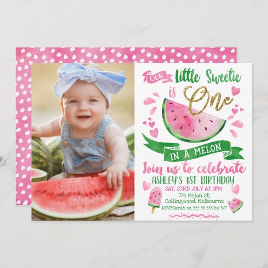 Rosa grünes Gold 1 in einem Melon Foto 1. Geburtst Einladung (Vorne/Hinten)