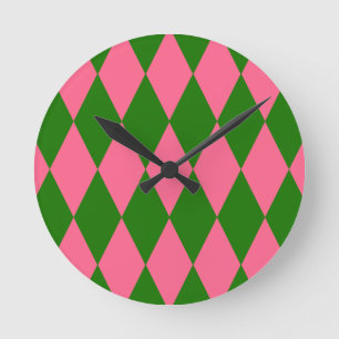 Rosa grünes Harlekin-Karo-Design Runde Wanduhr