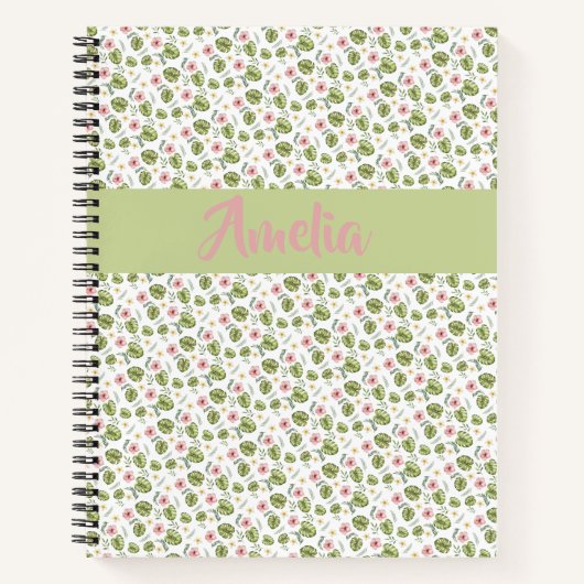 Rosa grünes Muster Aquarell Blume Notebook Notizblock (Vorderseite)