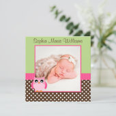 Rosa Grünes Owl Foto Geburtsankündigung Ankündigung (Stehend Vorderseite)