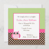 Rosa Grünes Owl Foto Geburtsankündigung Ankündigung (Rückseite)
