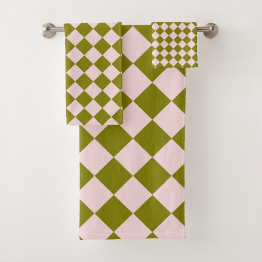 Rosa grünes Schachbrett Diamantmuster Badhandtuch Set (Insitu)