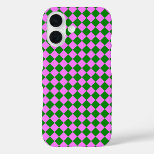 Rosa grünes Schachbrett Diamantmuster iPhone 16 Hülle