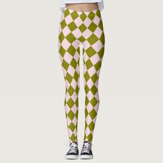 Rosa grünes Schachbrett Diamantmuster Leggings (Vorderseite)