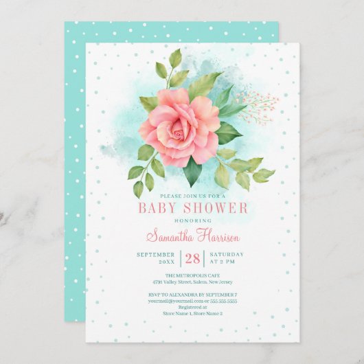 Rosa grünes Türkis Ombre Wasserfarben Rose Einladung (Vorne/Hinten)