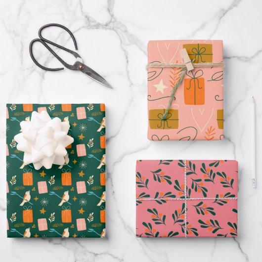 Rosa Grünes Weihnachtsfest - Set von 3 Geschenkpapier Set (Vorderseite)