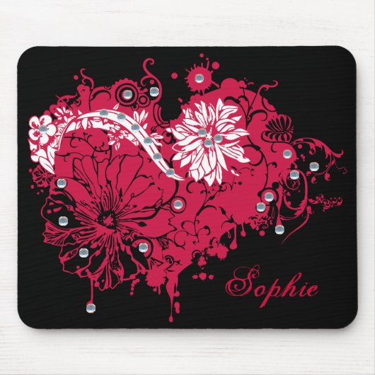 Rosa Grunge-Herz, Blumen u. Sequins-Illustration Mousepad (Vorne)