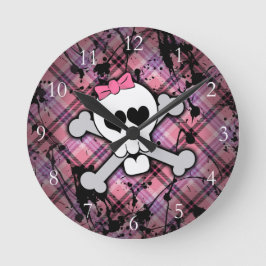 Rosa Grunge Schädel mit Crossbones Herz Runde Wanduhr