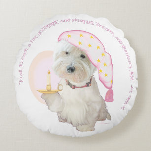 Rosa Gute-Nacht-Westie mit Kerze Runde Kissenhülle Rundes Kissen