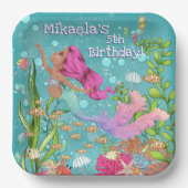 Rosa Haar Meerjungfrau schwimmen unter dem Meer Ge Pappteller (Vorderseite)