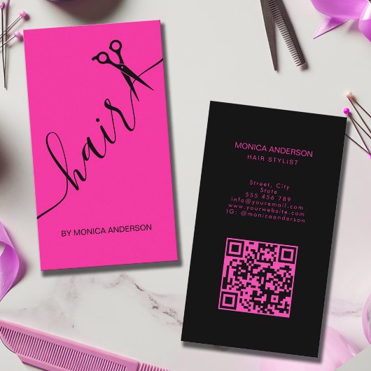 Rosa Haar Script Stylist Schere QR Code Busi Visitenkarte