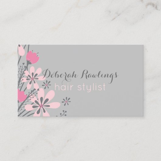 Rosa Haar-Stylist-mit Blumenverabredung des Grau-| Terminkarte (Vorderseite)