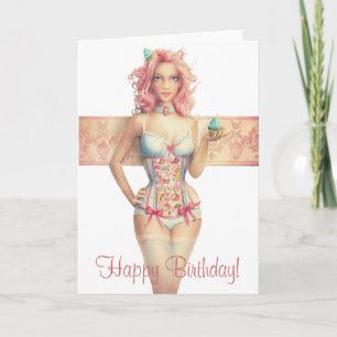 Rosa-haarige Cupcake-Girl Geburtstagskarte Karte
