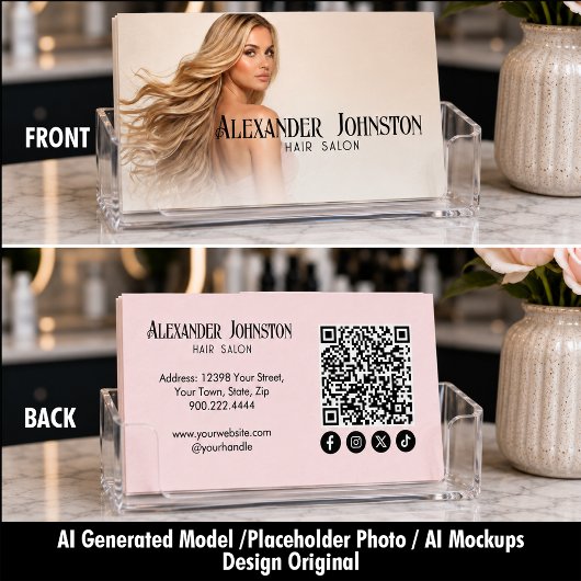 Rosa Haarstudio QR Code Social Media Visitenkarte