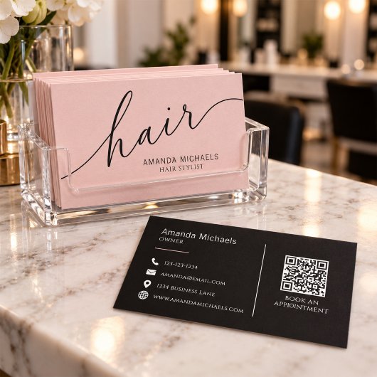 Rosa Haarstylist-Script QR-Code Visitenkarte