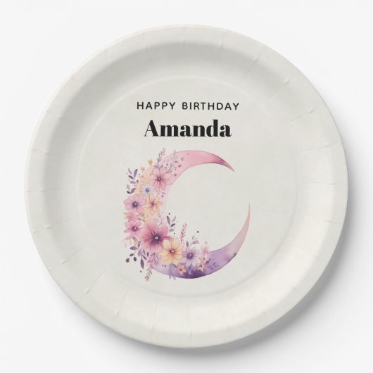 Rosa Halbmond mit Hübschen Blume Pappteller (Vorderseite)