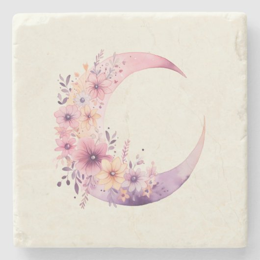 Rosa Halbmond mit Hübschen Blume Steinuntersetzer (Vorderseite)