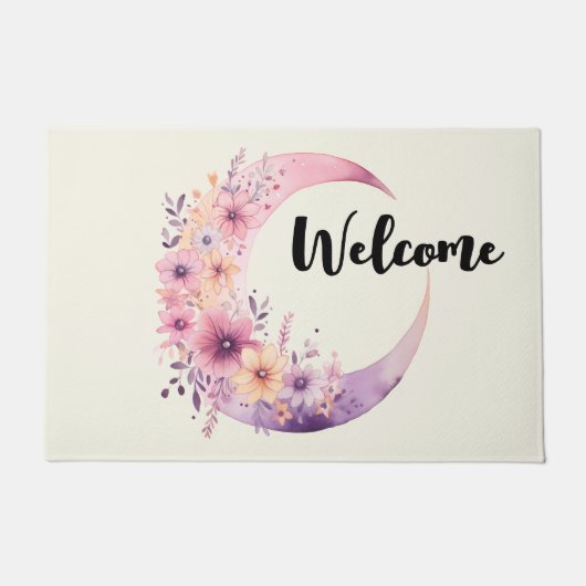 Rosa Halbmond mit Hübschen Blume Willkommen Fußmatte (Vorderseite)