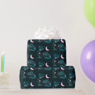 Rosa Halbmond Sterne Himmelblau Halloween Geschenkpapier